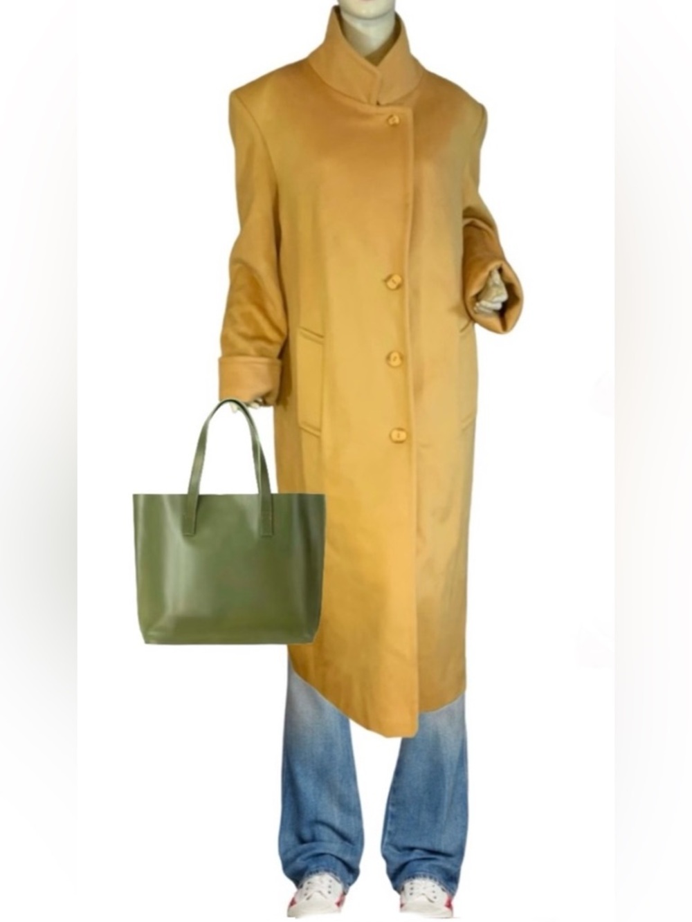 VINTAGE 1990'S ASHLEY SCOTT DARK MUSTARD YELLOW WOOL OVERCOAT (XL)